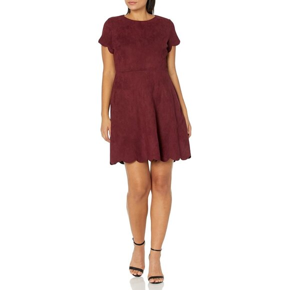 Pappagallo Size 12 Burgundy Suede-Style Scalloped Hem Dress - Picture 1 of 16